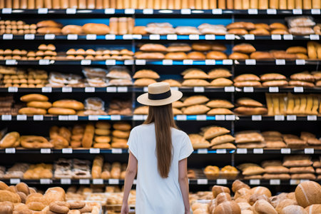 Rear view on a young woman in hat, browsing in the bakery section, the freshly baked breadの素材
