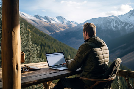 A man working comfortably on a laptop while enjoying a peaceful mountain view, showing the flexibility and choice of remote work environmentsの素材