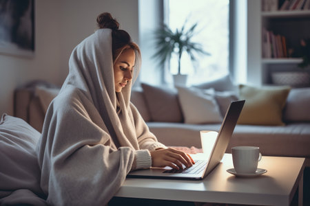 A photograph of a woman freelancer in a cozy home office, wrapped in a blanket while working on a laptop, portraying the comfort and flexibility of remote workの素材