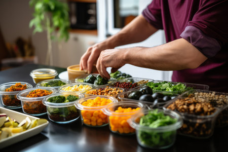 An image capturing the concept of meal prep, with a person portioning out cooked groats, quinoa and vegetables into containers, emphasizing convenience and planningの素材