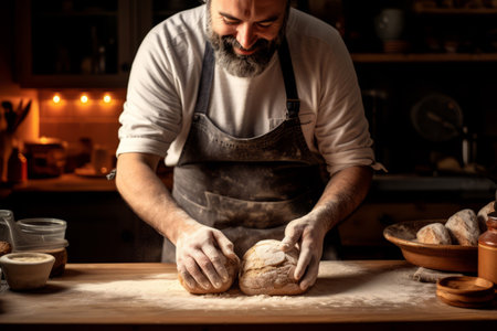 Close up view on a chef kneading dough for whole grain bread.の素材