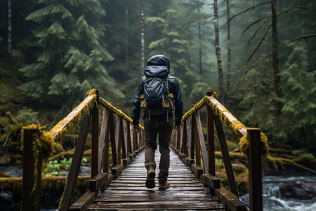 Rear view on a hiker with a backpack, crossing a old wooden footbridge over a rushing stream in forest, encapsulating the spirit of adventure, backcountry hiking conceptの素材