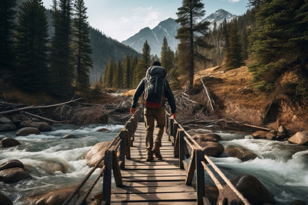 Rear view on a hiker with a backpack, crossing a old wooden footbridge over a rushing mountain stream, encapsulating the spirit of adventure, backcountry hiking conceptの素材