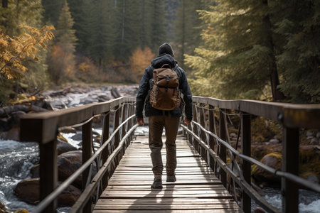 Rear view on a hiker with a backpack, crossing a old wooden footbridge over a rushing stream in forest, encapsulating the spirit of adventure, backcountry hiking conceptの素材