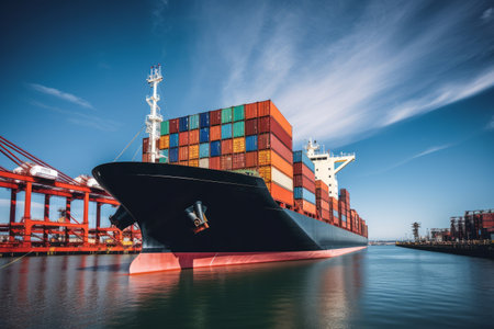 A massive cargo ship docked at a bustling port, with towering stacks of colorful shipping containers, illustrating the magnitude of global cargo transportの素材