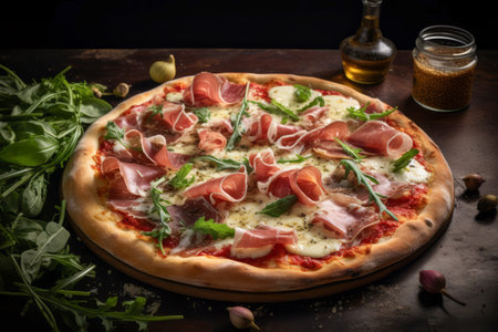 Close up view on a delicious pizza with artichokes, prosciutto, and arugula, on a wooden boardの素材