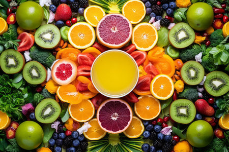 A colorful and abstract kaleidoscope of fresh fruit slices, vegetables, berries and vibrant smoothie ingredients, arranged in a visually stunning pattern. Freshly squeezed juice conceptの素材