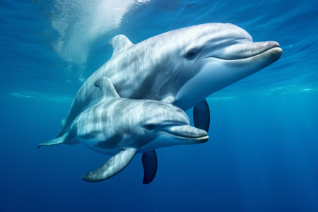 View of a family of dolphins swimming gracefully in the crystal-clear underwater of the ocean, marine life in its natural setting.の素材