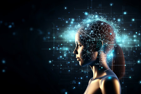 Ai, the concept of artificial intelligence use analytics, automation, and an autonomous brain. through a portrait of a female robot, big data managementの素材