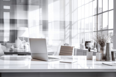 Bright office with desk and laptop, in the style of blurred imagery, light white and light gray, background, shallow depth of field, selective focusの素材