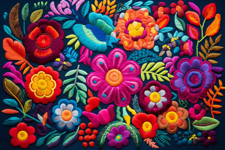 Bright colored fabric, flowers, and patterns, in the style of embroidery art, melds mexican and american culturesの素材