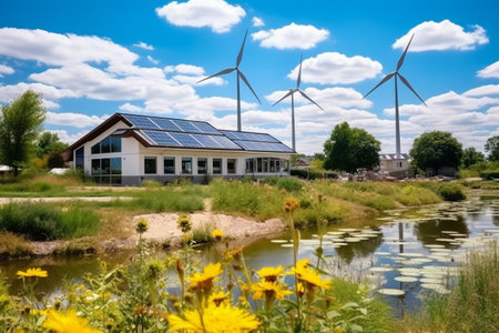 Serene view of a sustainable modern eco house powered by renewable energy sources like wind turbines and solar panels, showcasing eco-friendly livingの素材
