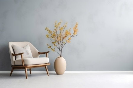 Bright living room in minimalist interior design with armchair with pillow, house plant in floor vase, empty gray wall space for mock up, copy spaceの素材
