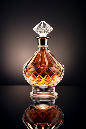 A luxury and elegance designed perfume bottle with empty space, on a dark studio background with reflection. Mock upの素材