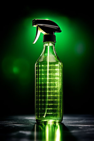 A transparent plastic spray bottle with empty space for mock up, on a dark green studio background with spotlightsの素材