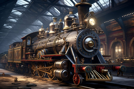 A close-up of a vintage steam locomotive at the depot, capturing the aged metal textures, gears, and wheelsの素材