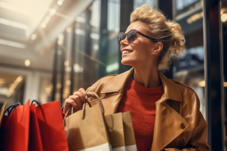 A happy beautiful woman in shopping with shopping bags enjoying in shopping. Consumerism, shopping, lifestyle conceptの素材