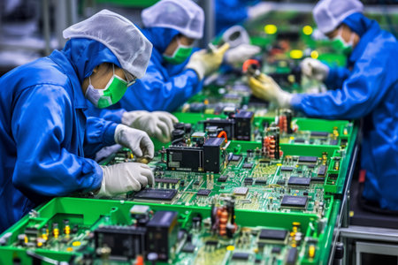 A workers in protective suits assembling electronic components on a factory floor, the intricate and clean environment of electronics manufacturingの素材