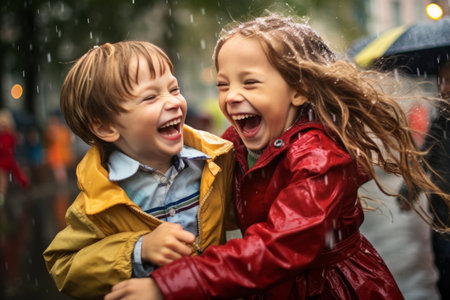 A happy laughing children in the rainの素材