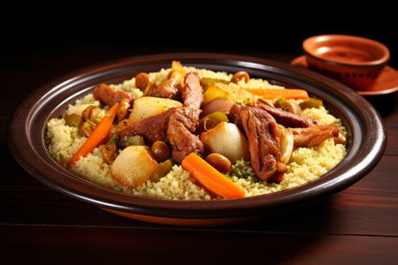 Original dish of couscous. Cuscuz Brasil, on a wooden tableの素材
