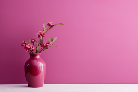 Pink flowers in a vase minimalist purple background with copy spaceの素材