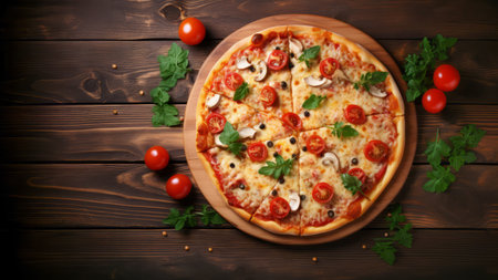 Top view on a pizza on a wooden table with ingredients, tomatoes and herb leaves. Copy spaceの素材
