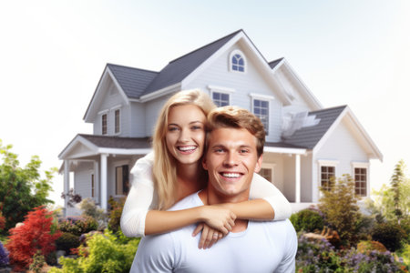 A happy young couple standing in front of a new houseの素材