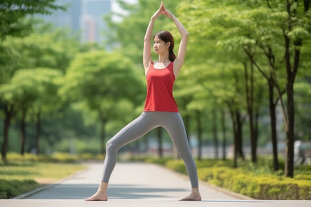 Asian woman doing yoga in the parkの素材