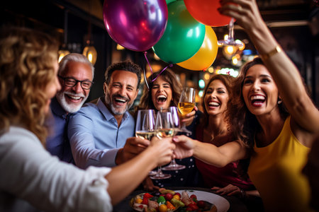 A friends and family raising a toast to celebrate a birthday, with colorful balloons and confetti in the background. Shallow depth of fieldの素材