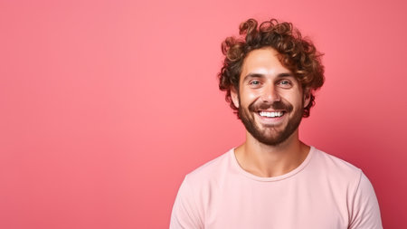 A happy smiling man with beard, on a coral background with copy spaceの素材