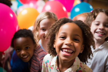 A smiling children playing joyfully at a party, with balloons in the background. Shallow depth of fieldの素材