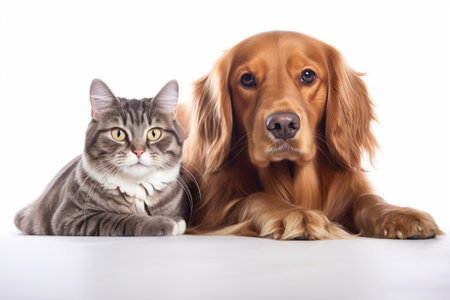 A cute cat and dog next to each other, on a white background. Friendship conceptの素材