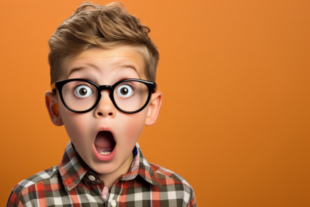 Little boy in a checked shirt with a surprised look on his face, wearing glasses, on a orange background with copy spaceの素材