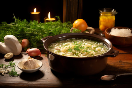 Close up view of a cozy soup scene with a bowl of chicken noodle soupの素材