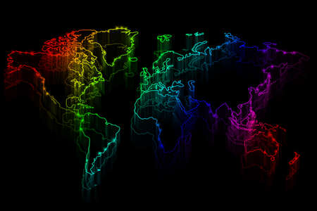  Neon outline map of the world on black backgroundの写真素材