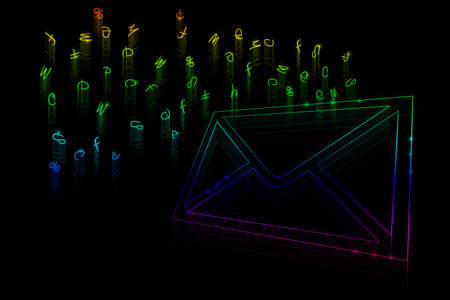 Lots of neon letters and envelope on a black backgroundの写真素材