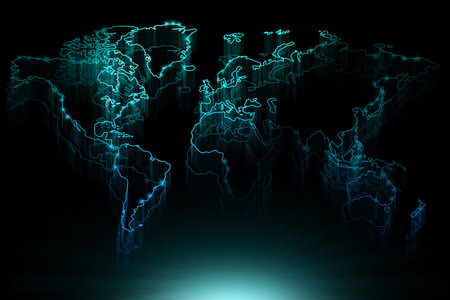 Glowing blue contour map of the world on black background
