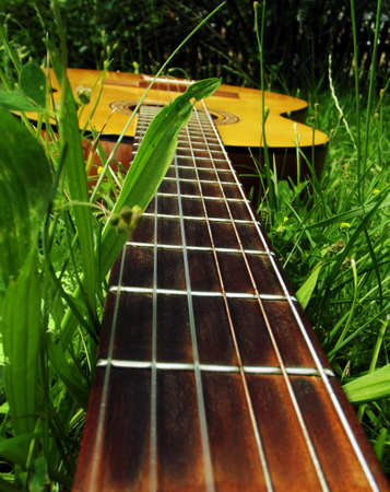 Photo of guitar on the grassの写真素材