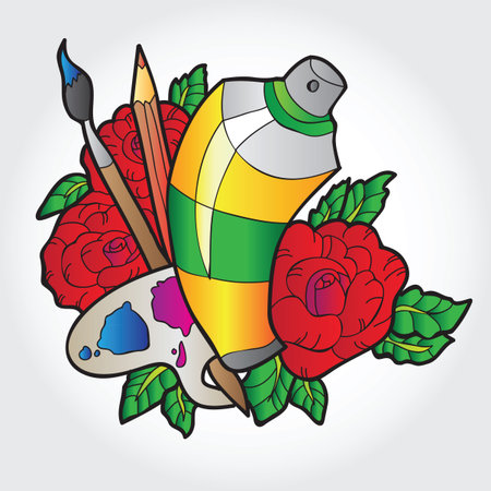 Palette with paint, brushes and spray paint in roses - vectorのイラスト素材