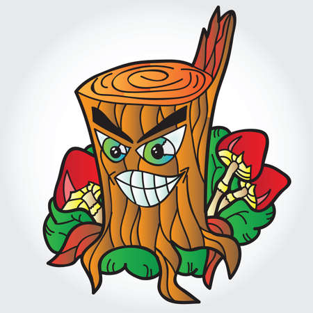 illustration of isolated mushrooms with tree stump on whiteのイラスト素材