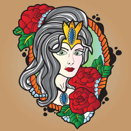 tattoo design of nice girl with long curly hair - vectorのイラスト素材