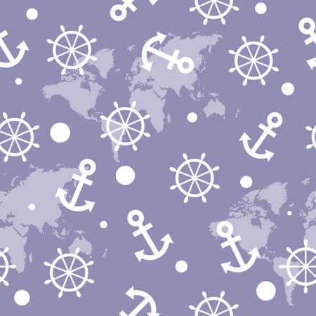 Seamless nautical pattern with white anchors and ship wheels - vectorのイラスト素材