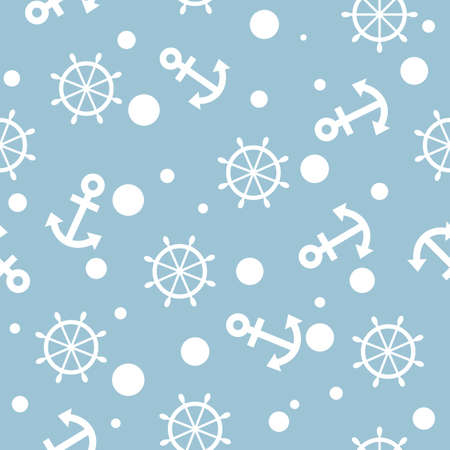 Seamless nautical pattern with white anchors and ship wheels - vectorのイラスト素材