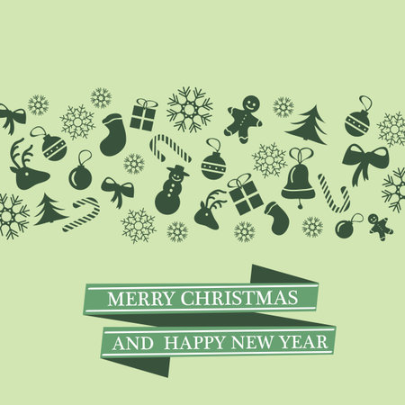Christmas card with Xmas decorations - green vector illustrationのイラスト素材