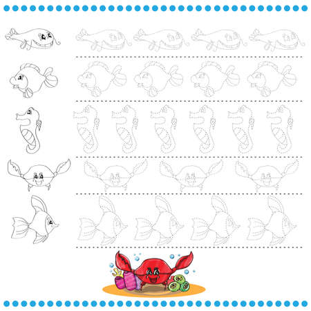 Connect the dots number of images - exercise for kids - marine lifeのイラスト素材