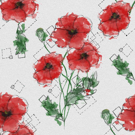 Seamless pattern with watercolor painted red poppy flowersの写真素材