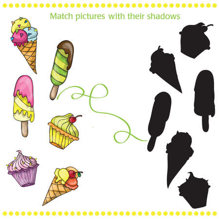 Set of vector colorful tasty isolated cartoon ice cream - match the pictures - game for childrenのイラスト素材