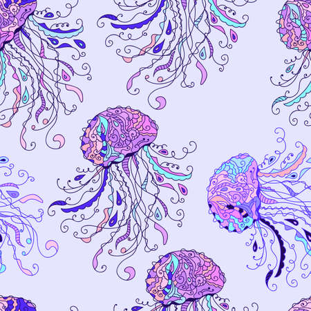 Seamless pattern with jellyfish. Hand drawn doodle. Vector illustrationのイラスト素材