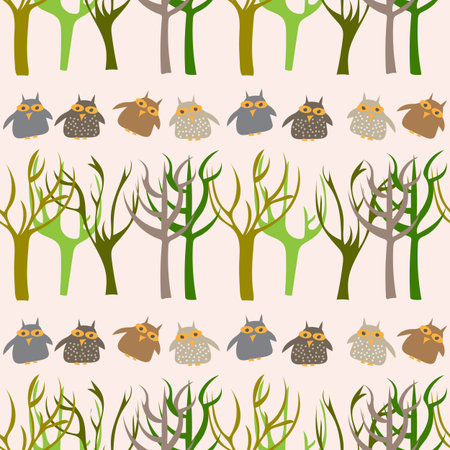 Forest seamless pattern with cute owls. for cloth design, wallpaper, textile, wrapping and other pattern fills.のイラスト素材