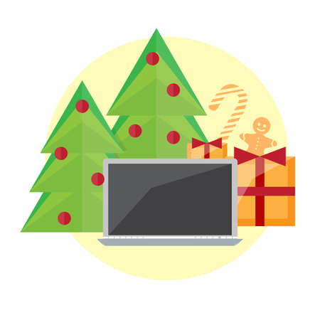 Geek Happy New Year and Christmas Card with computer, Gifts and holiday objectsのイラスト素材